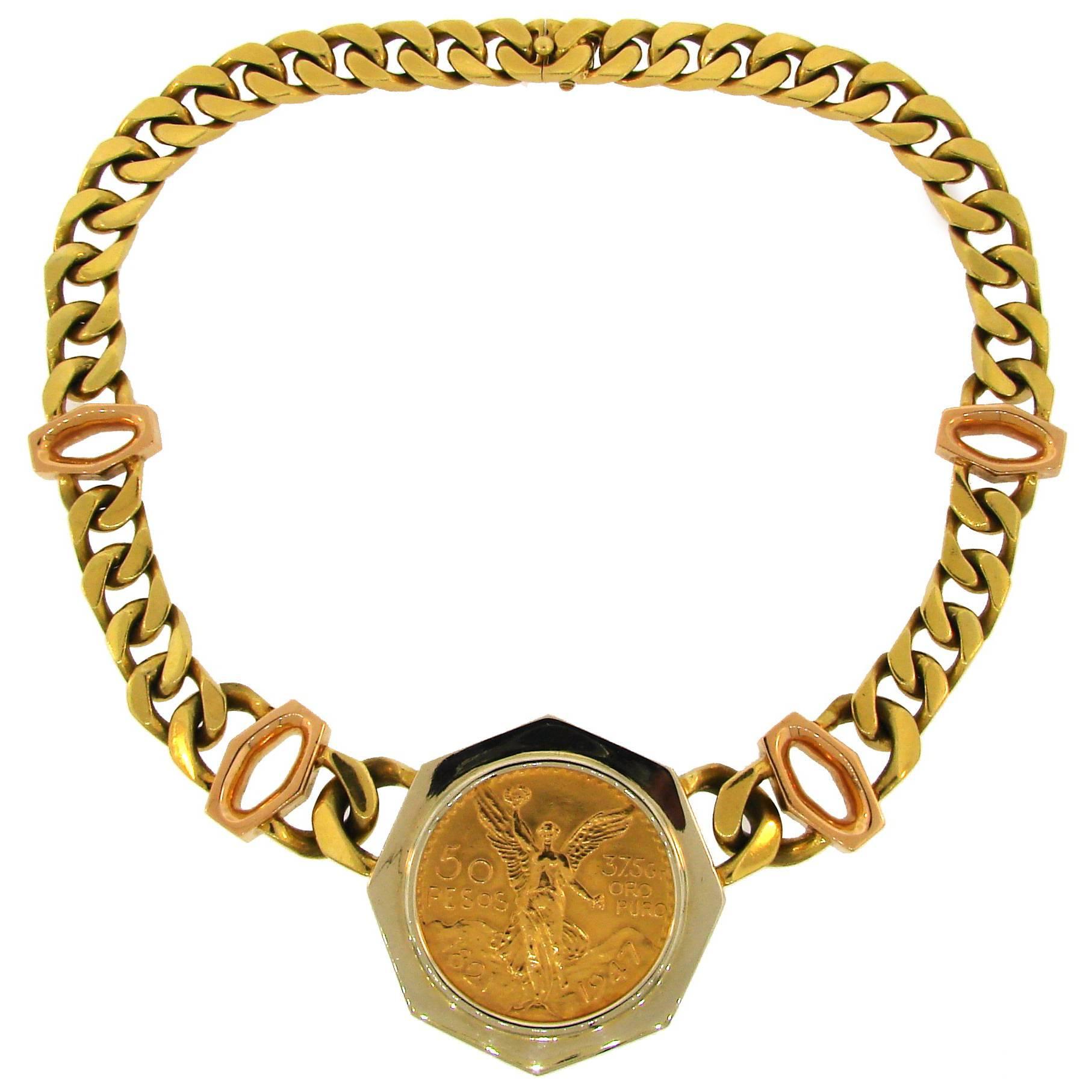 Bulgari Gold Coin Pendant on Link Chain Necklace