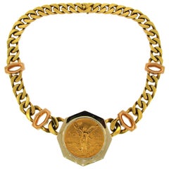 Bulgari Gold Coin Pendant on Link Chain Necklace