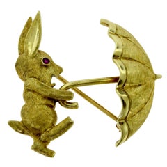 Retro Cartier Happy Bunny Rabbit Yellow Gold Brooch / Pin with Ruby Eyes