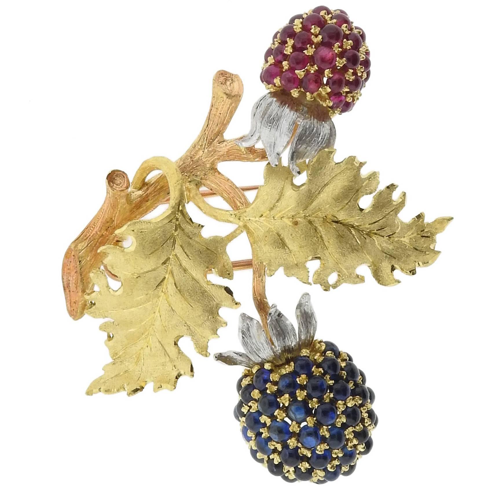 Buccellati Sapphire Ruby Gold Berry Brooch For Sale