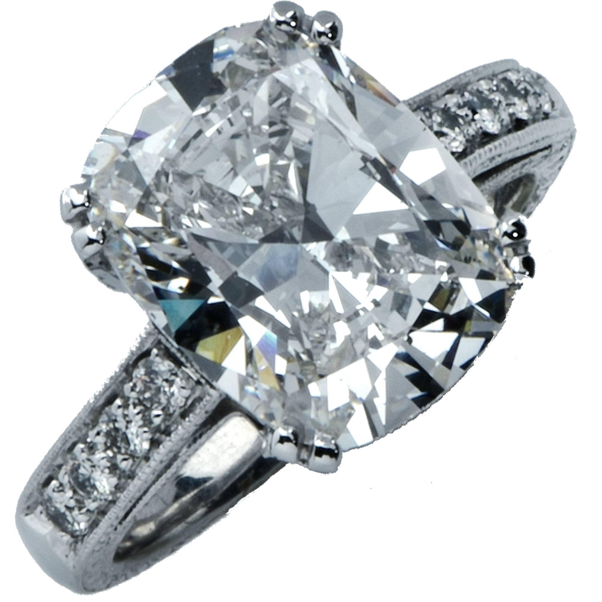 GIA Graded 5.10 Carat Cushion Cut Diamond Platinum Engagement Ring