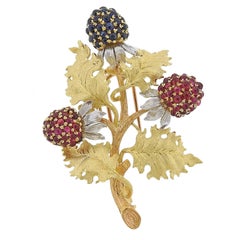 Buccellati Ruby Sapphire Tri Color Gold Brooch Pin