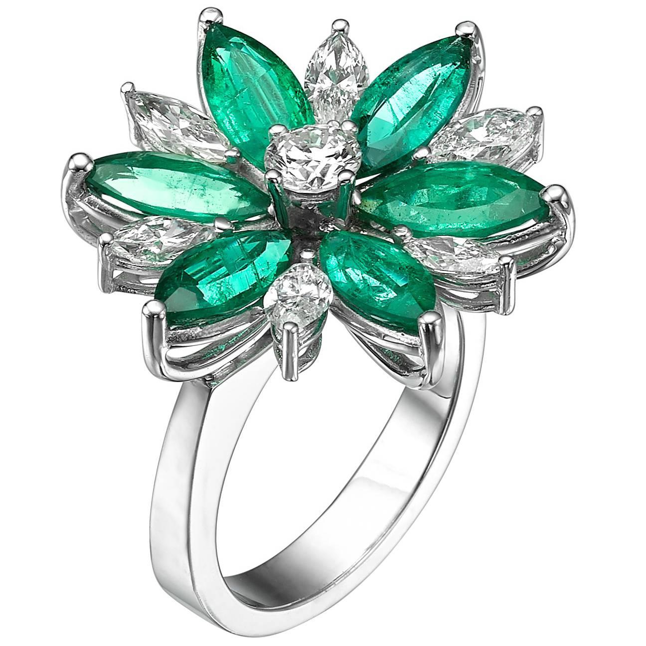 Marquise Cut Floral Motif Diamond & Emerald Ring 