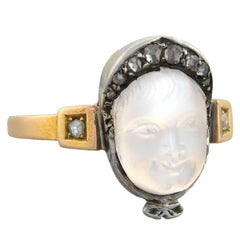 Victorian Diamond Hand-Carved Moonstone Baby Cameo Ring