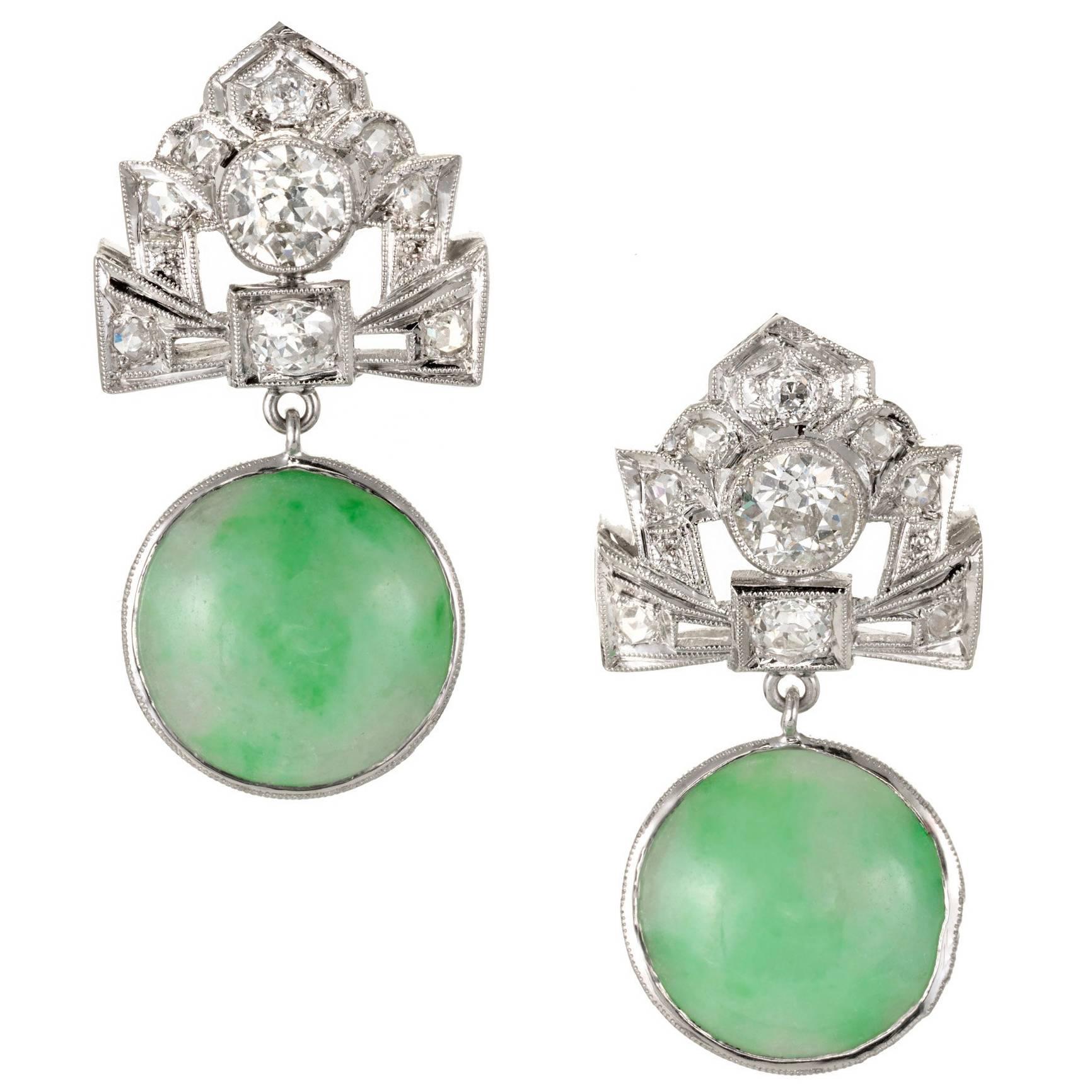 GIA Certified Art Deco Jadeite Jade Diamond Dangle Platinum Earrings
