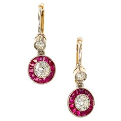 Antique Diamonds Ruby Halo Platinum Gold Dangle Earrings