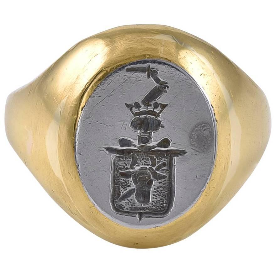 Antique Gold and Steel Intaglio Signet Ring For Sale