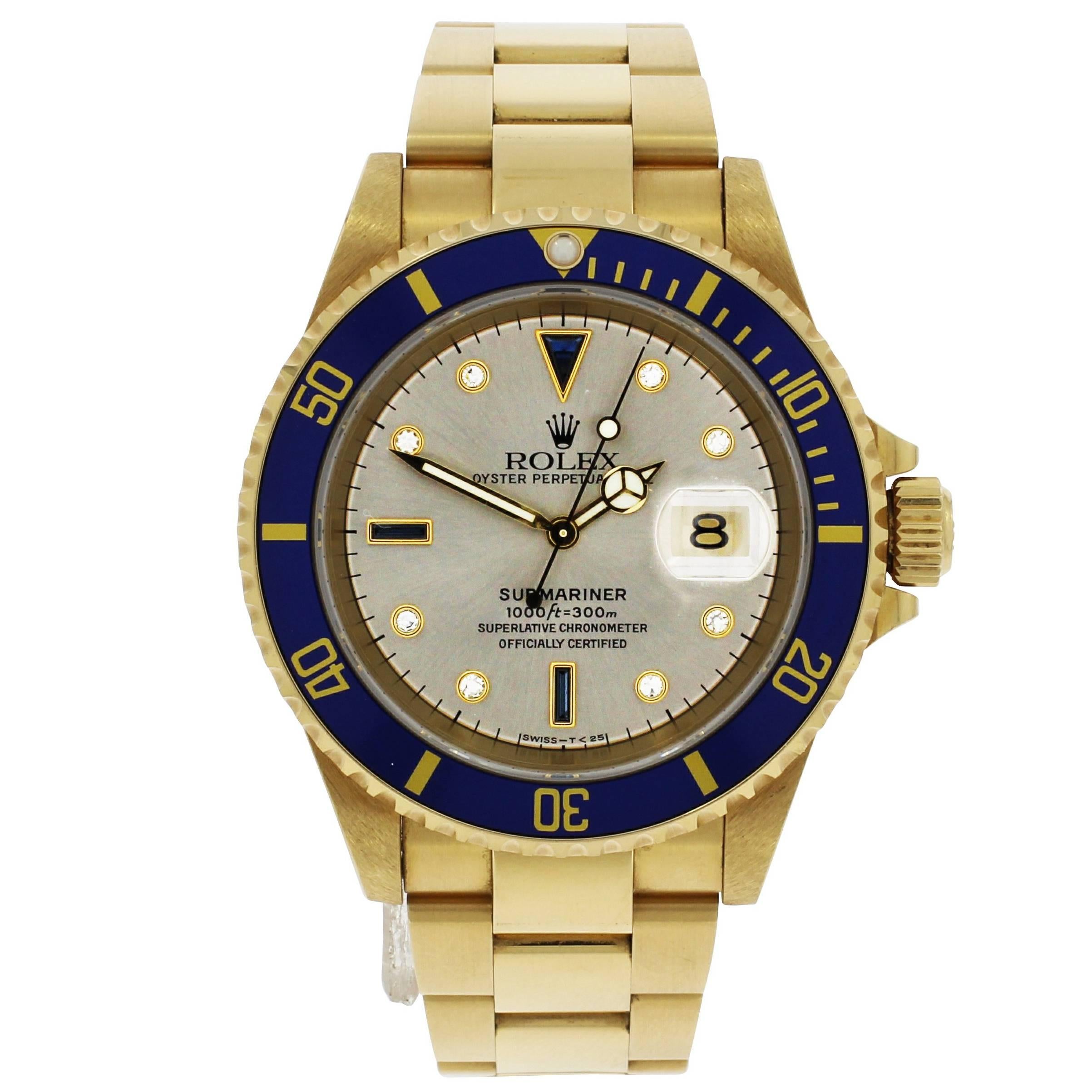 Rolex Yellow Gold Submariner Serti Dial Wristwatch Ref 16618, 1997 For Sale