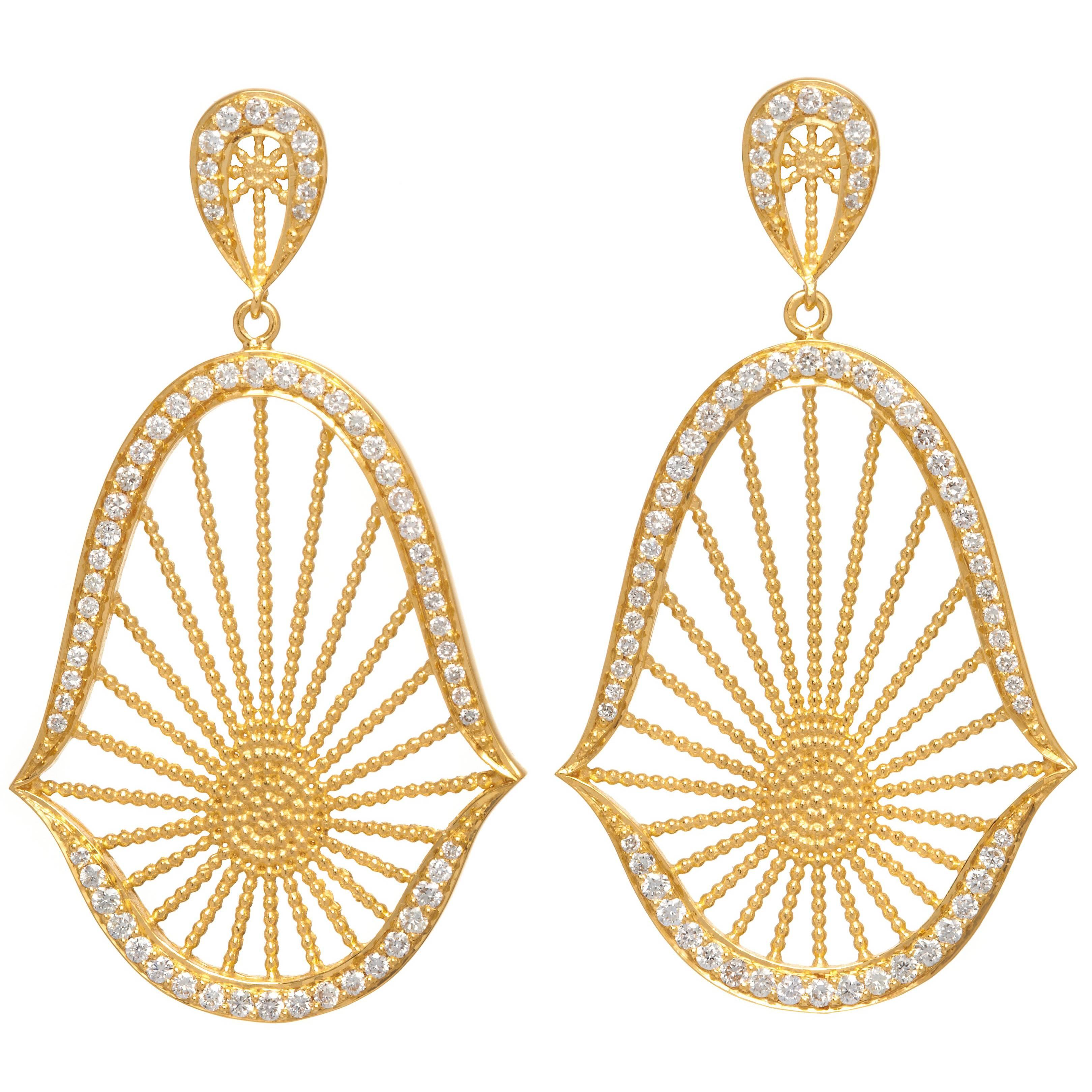 Diamond and 18 Karat Yellow Gold Oriental Statement Earrings For Sale