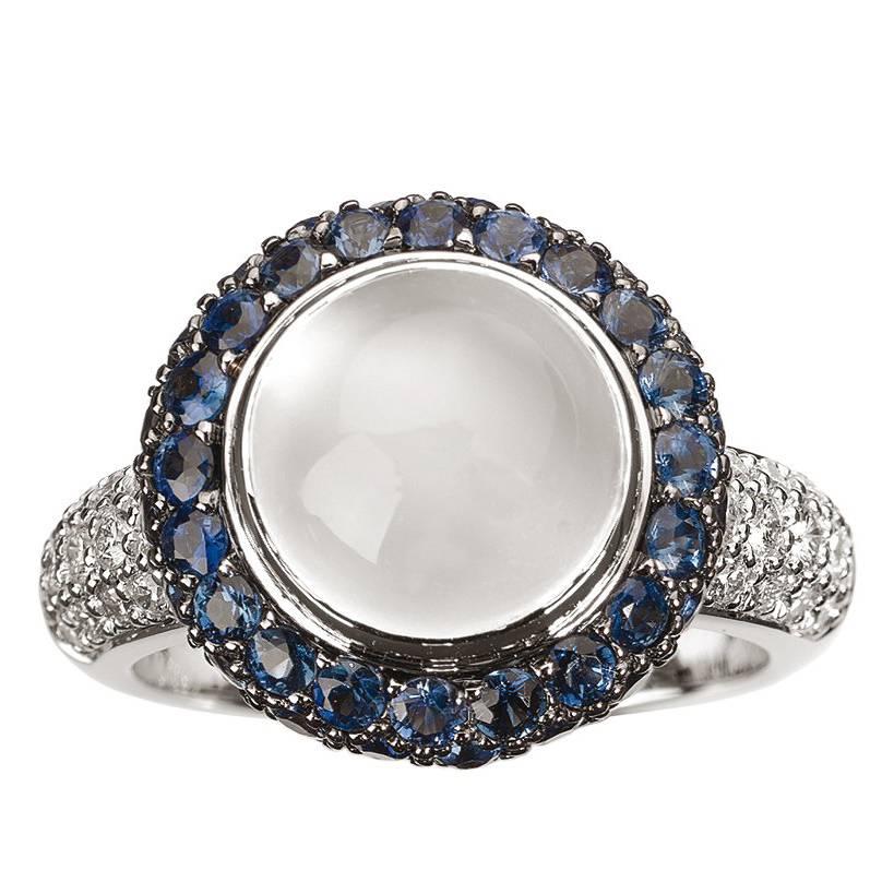 Monseo White Moonstone, Blue Sapphires and Diamonds Gold Cocktail Ring For Sale