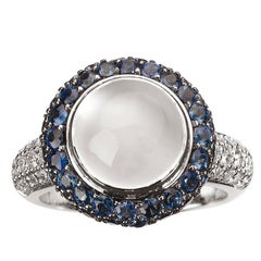 Monseo White Moonstone, Blue Sapphires and Diamonds Gold Cocktail Ring