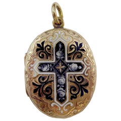 Victorian Gold Back and Front Locket, Engraved, Enamel Decoration, circa 1880