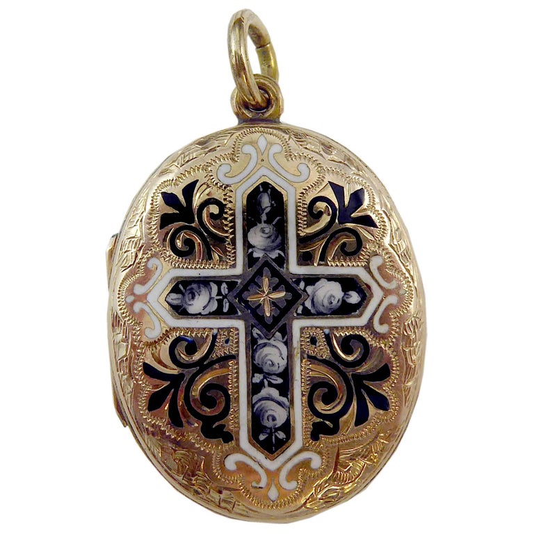Victorian Gold Back and Front Locket, Engraved, Enamel Decoration, circa 1880 For Sale at 1stdibs