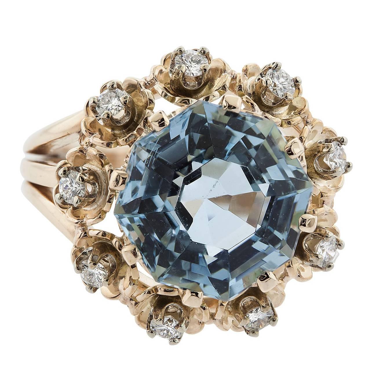 6.61 Carat Octagonal Cut Aquamarine and Diamond Rose Gold Ring