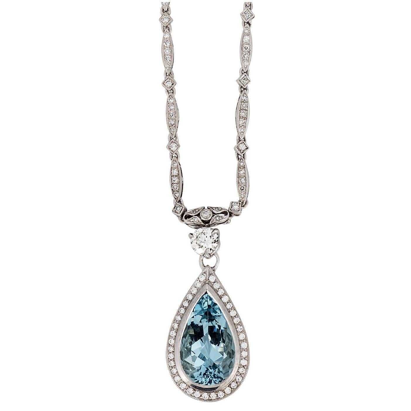 4.41 Carat Pear Shape Aquamarine and Diamond White Gold Pendant Necklace