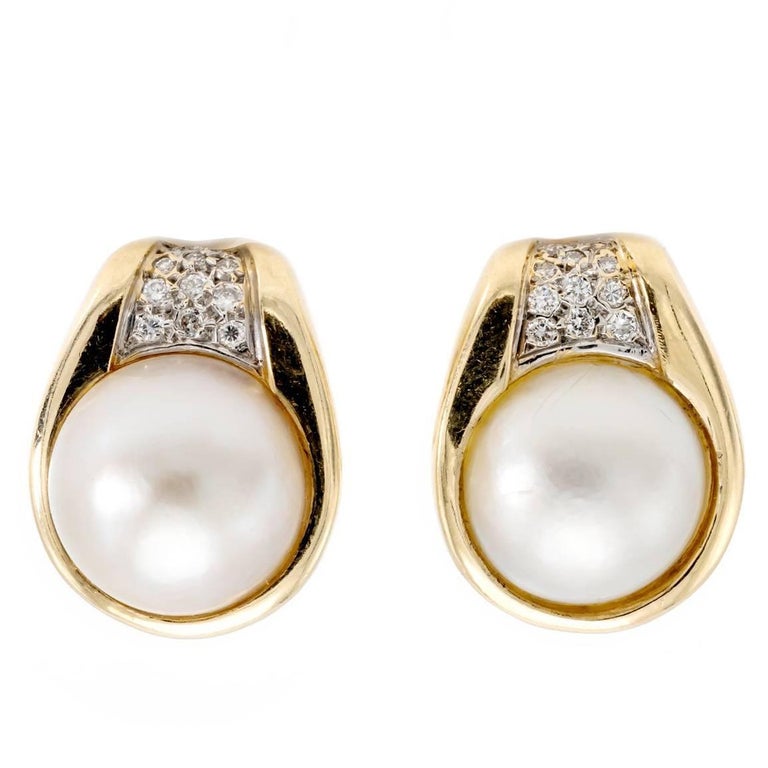 Vintage Diamond and Mabe Pearl ClipOn Earring in Yellow Gold For Sale