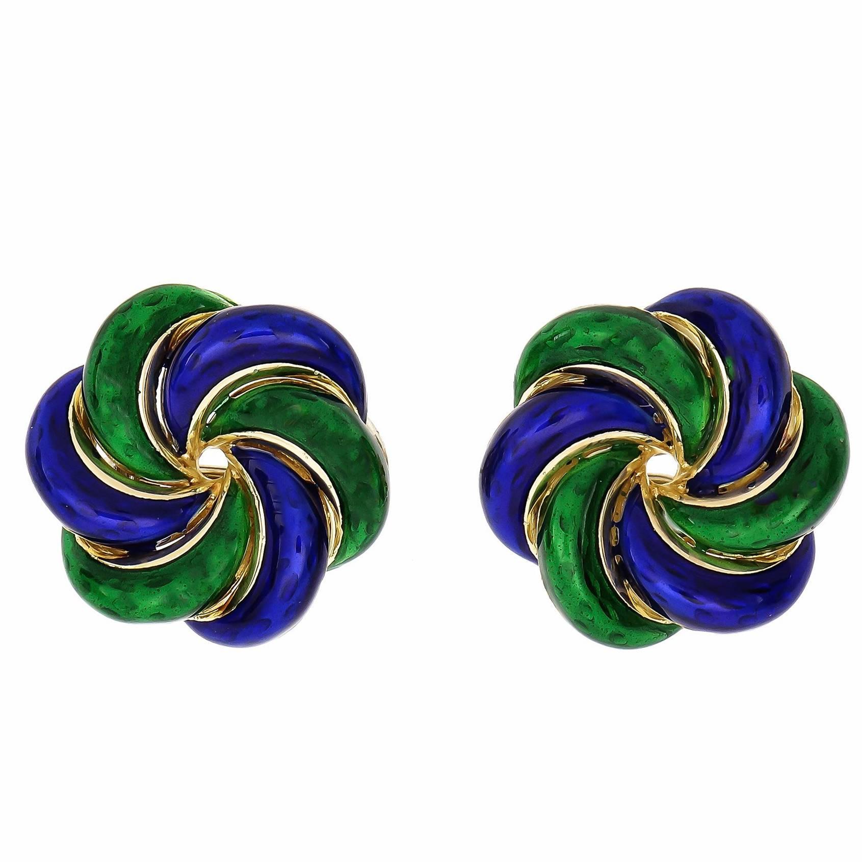 Blue Green Enamel Swirl Round Gold Earrings