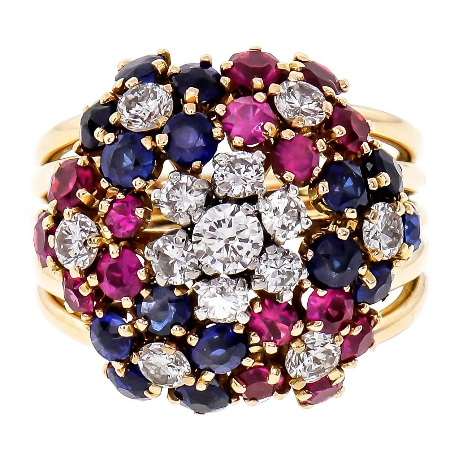 Diamond Ruby Sapphire Flower Rose Gold Cocktail Ring