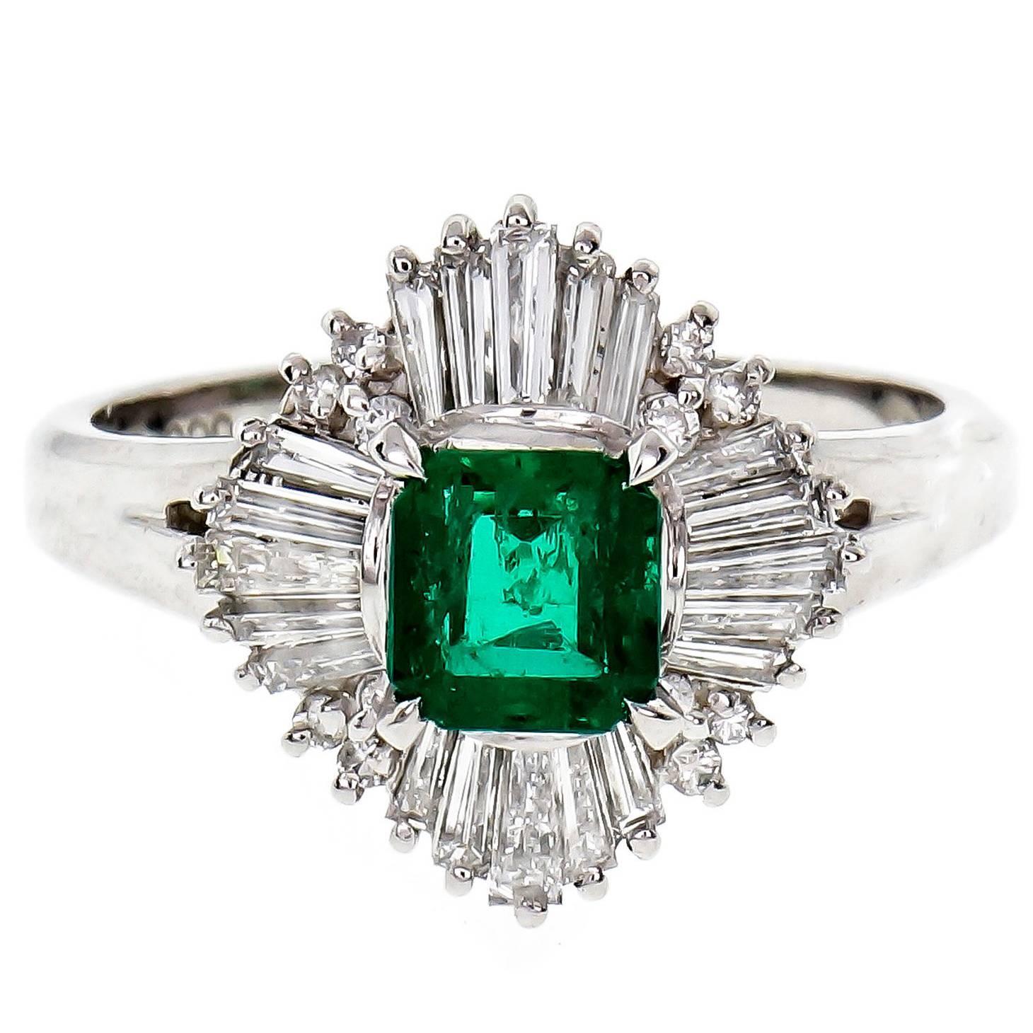 GIA Certified Natural Emerald Diamond Ballerina Platinum Cocktail Ring For Sale