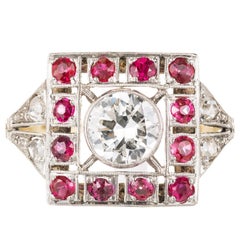 Antique Art Deco Diamond Ruby Gold Platinum Cocktail Ring