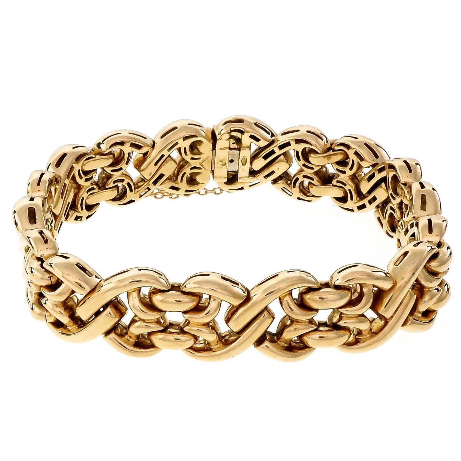 Italian Fancy Gold Wide Link Bracelet For Sale