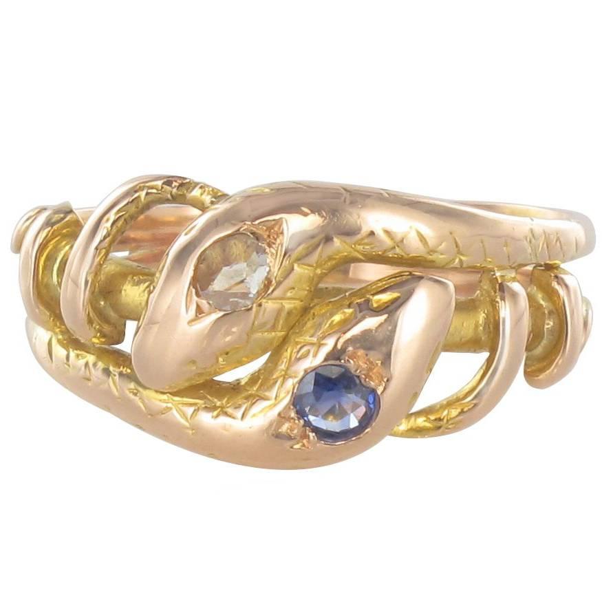 19th Century 18 Karats Yellow Gold Sapphire Diamond Snake Ring