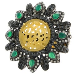 Round Carved Jade Ring with Diamonds and Green Onyx