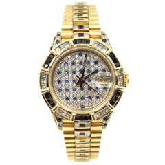 Rolex Ladies Yellow Gold Diamond Sapphire Custom President Automatic Wristwatch