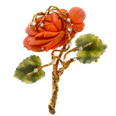 Single Coral and Nephrite Jade Rose Brooch