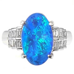 Black Opal and Baguette Diamond Platinum Ring