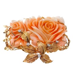 Trabert & Hoeffer Mauboussin Double Rose Carved Coral Convertible Pin 