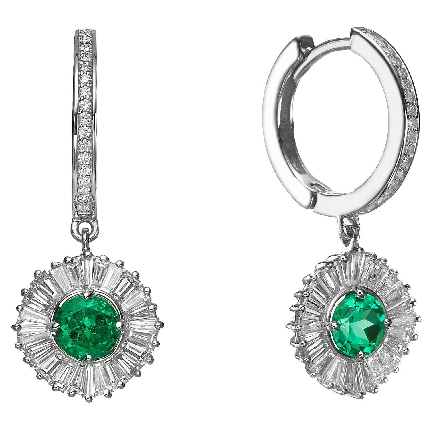 Ballerina Style Natural Emeralds and Diamonds Drop Earrings For Sale