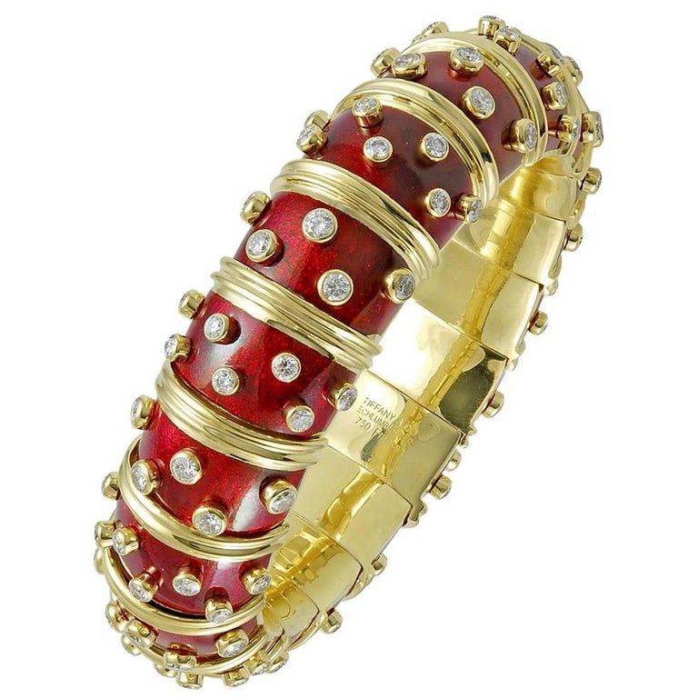 Tiffany & Co. Diamond and Red Enamel Schlumberger Bangle For Sale
