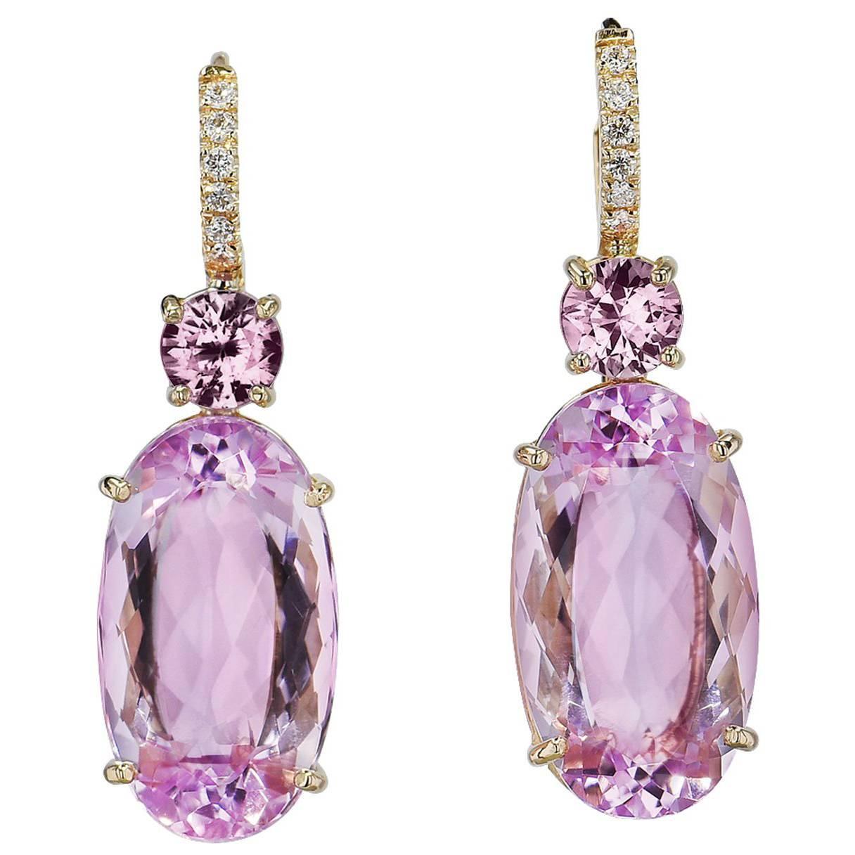 21.90 Carat Kunzite and Pink Sapphire Lever-Back Earrings