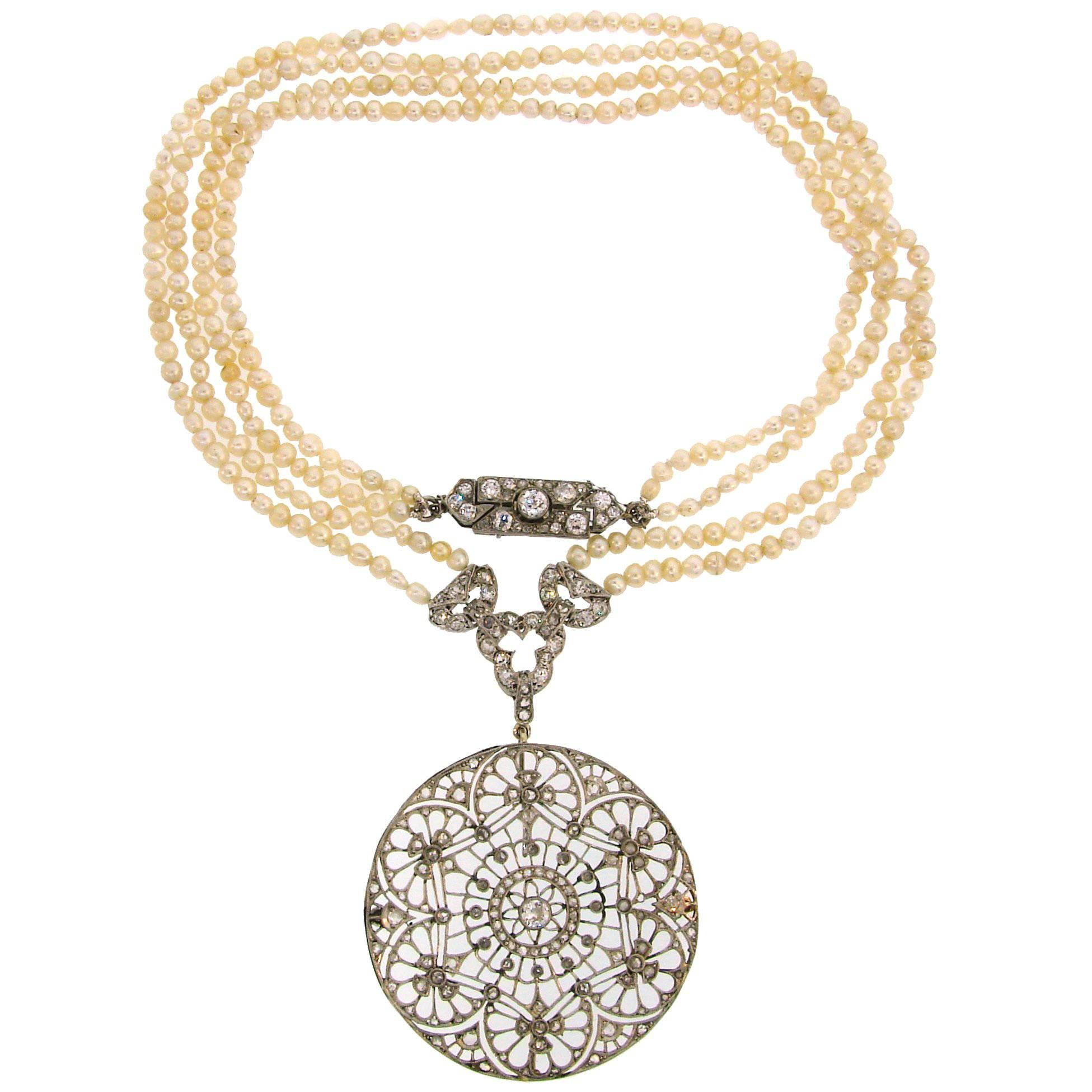 Edwardian Diamond Seed Pearl Platinum Pendant Necklace