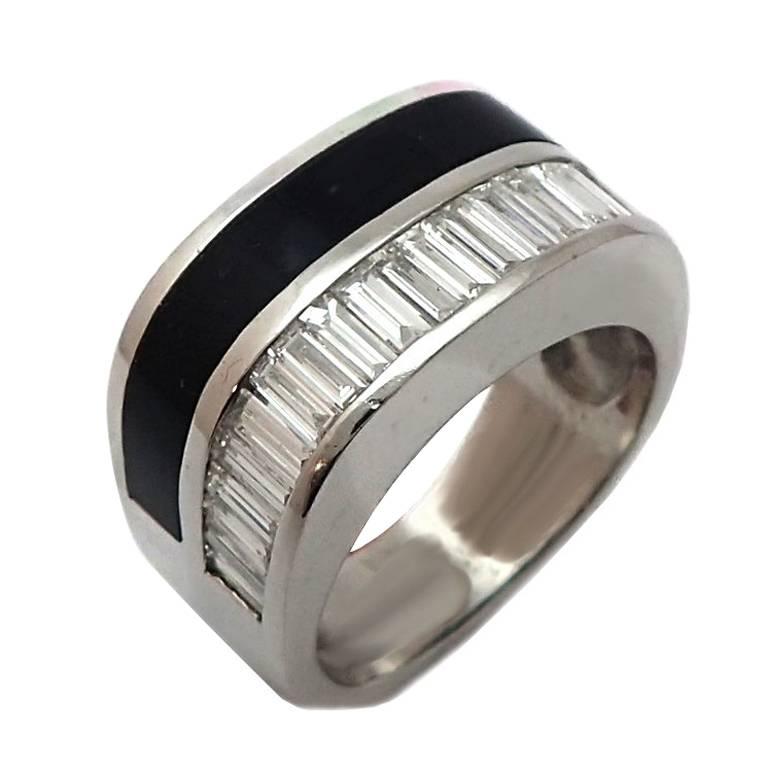 Men's Baguette Diamond and Onyx Ring in 14 Karat White Gold at 1stDibs