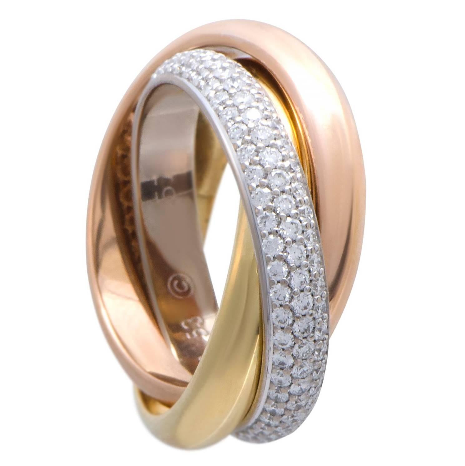 Cartier Trinity Diamond Pave Rolling Gold Band Ring