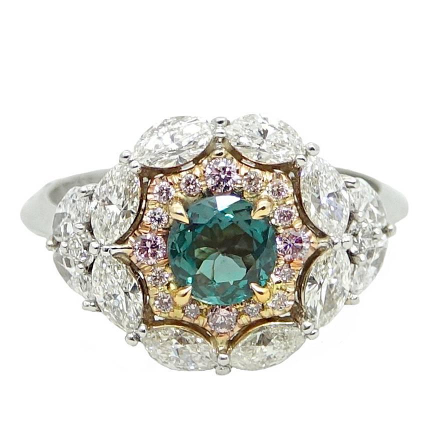Alexandrite, Diamond and Pink Diamond 18 Karat Gold Ring For Sale