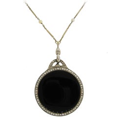 Art Deco Diamond Onyx White Gold Watch Pendant on Pearl Gold Chain Necklace