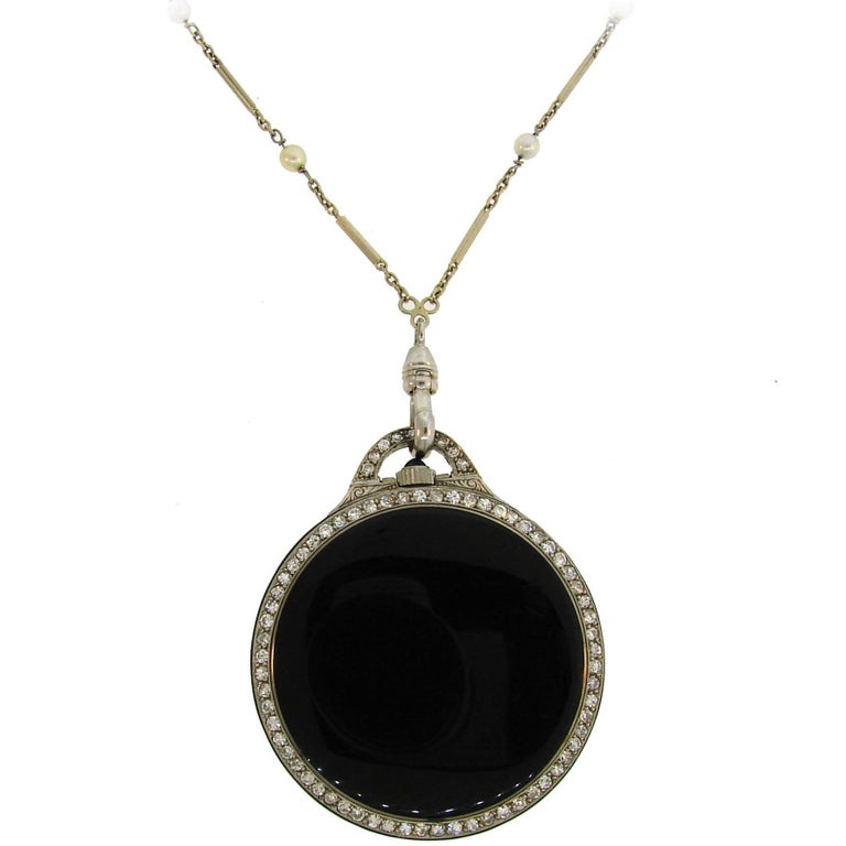 Art Deco Diamond Onyx White Gold Watch Pendant on Pearl Gold Chain Necklace For Sale at 1stDibs