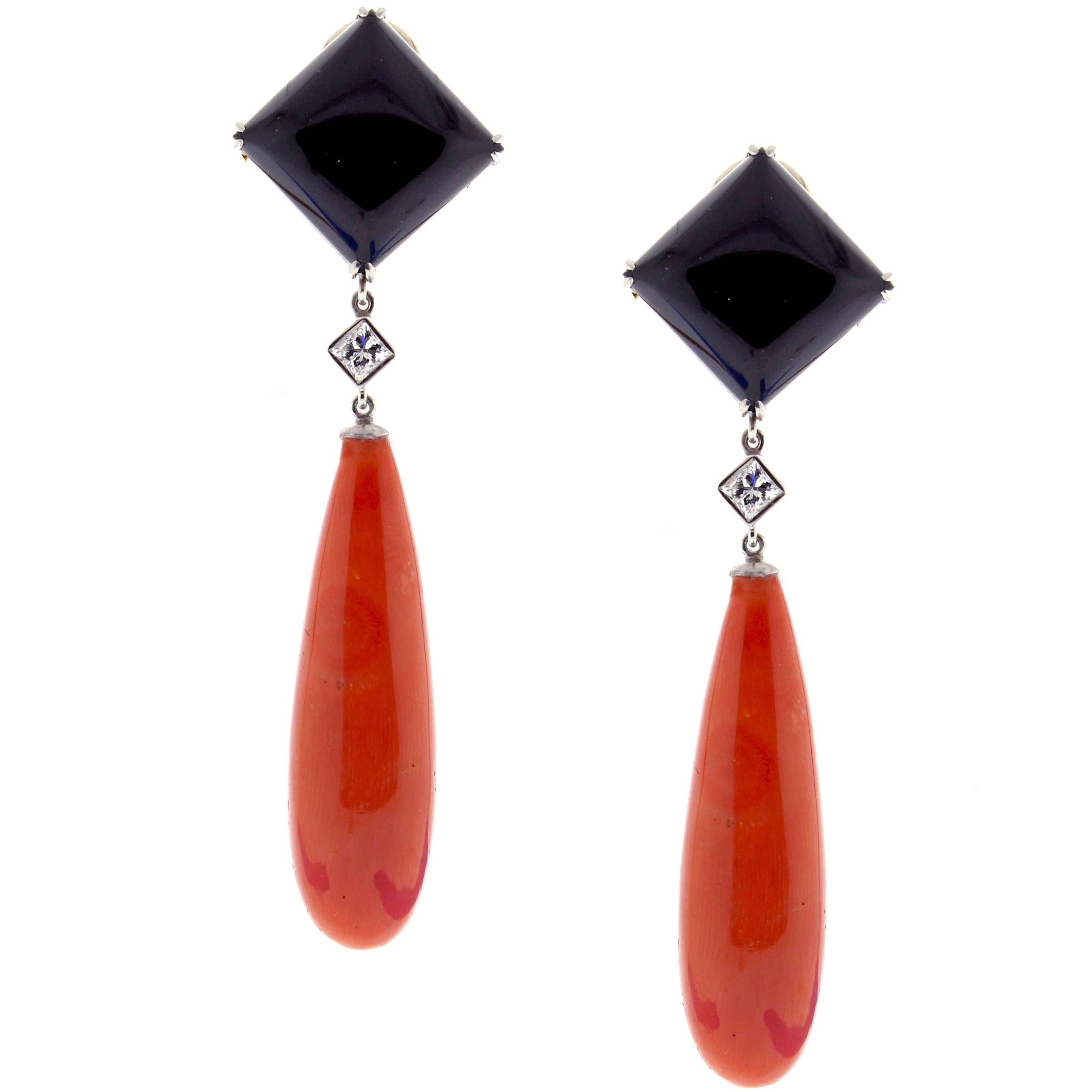 Large Red Coral and Diamond Drop Earrings at 1stDibs