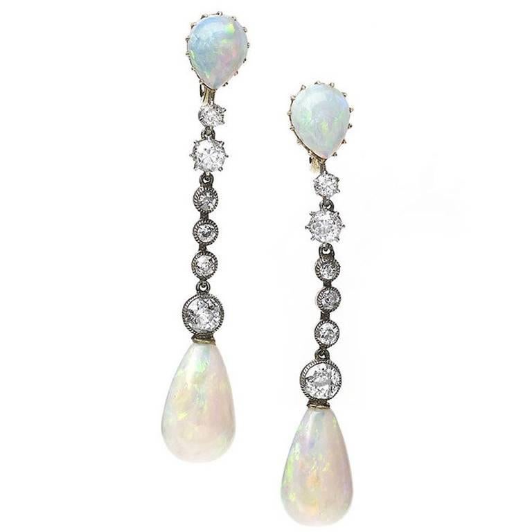 Antique Opal and Diamond Drop Earrings, Silver Upon Gold, Circa 1920