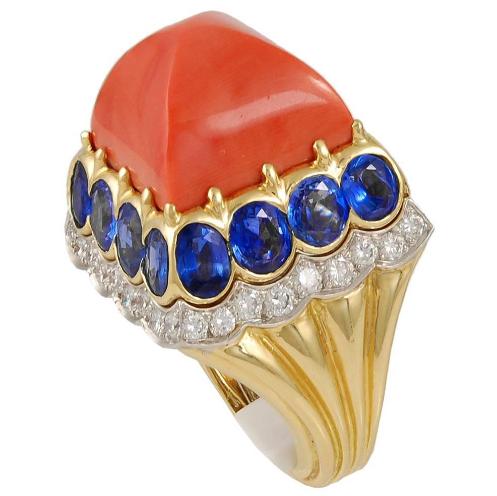 David Webb Sugarloaf Coral, Sapphire and Diamond Ring