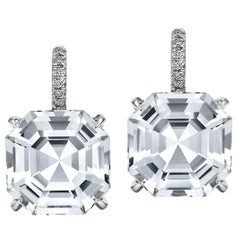 Asscher Cut Large Size White Topaz Diamond Platinum Drop Earrings