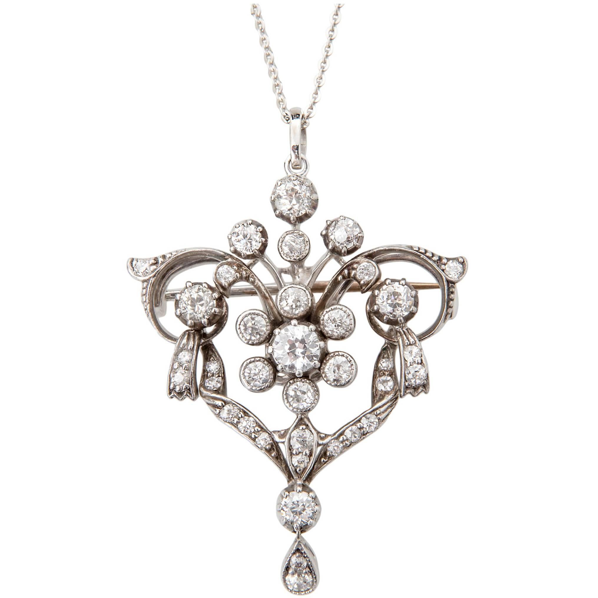 Original Art Nouveau, Platinum Thirty Six Old Cut Diamond Pendant or Brooch For Sale