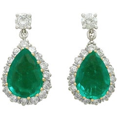 1980s Emerald and Diamond Yellow Gold Drop Earrings