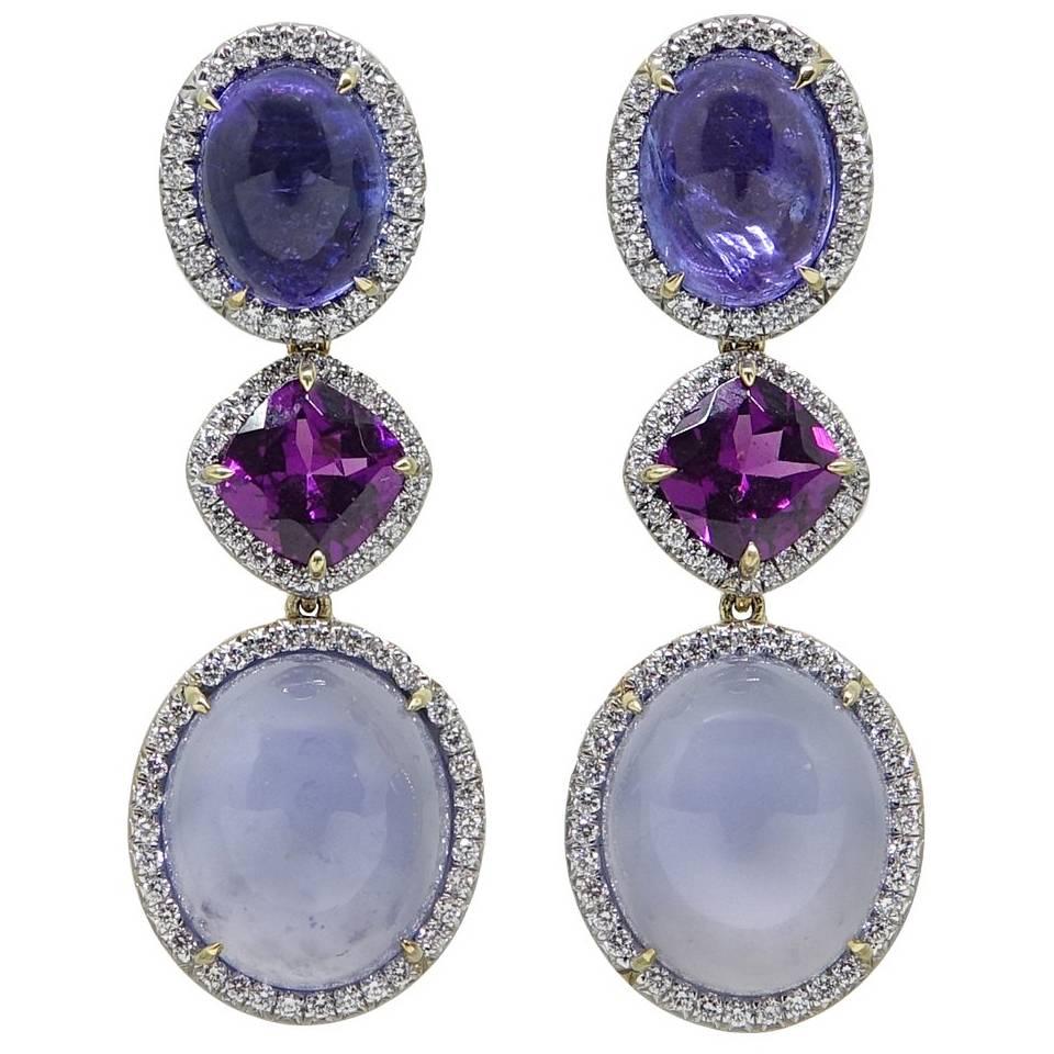 Pamela Huizenga Tanzanite, Purple Garnets, and Lavender Chalcedony Drop Earrings For Sale