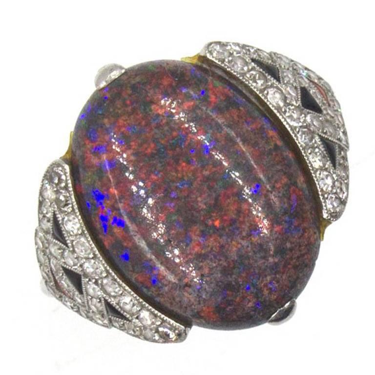 Art Deco Black Opal Diamond Coral Onyx Platinum Cocktail Ring