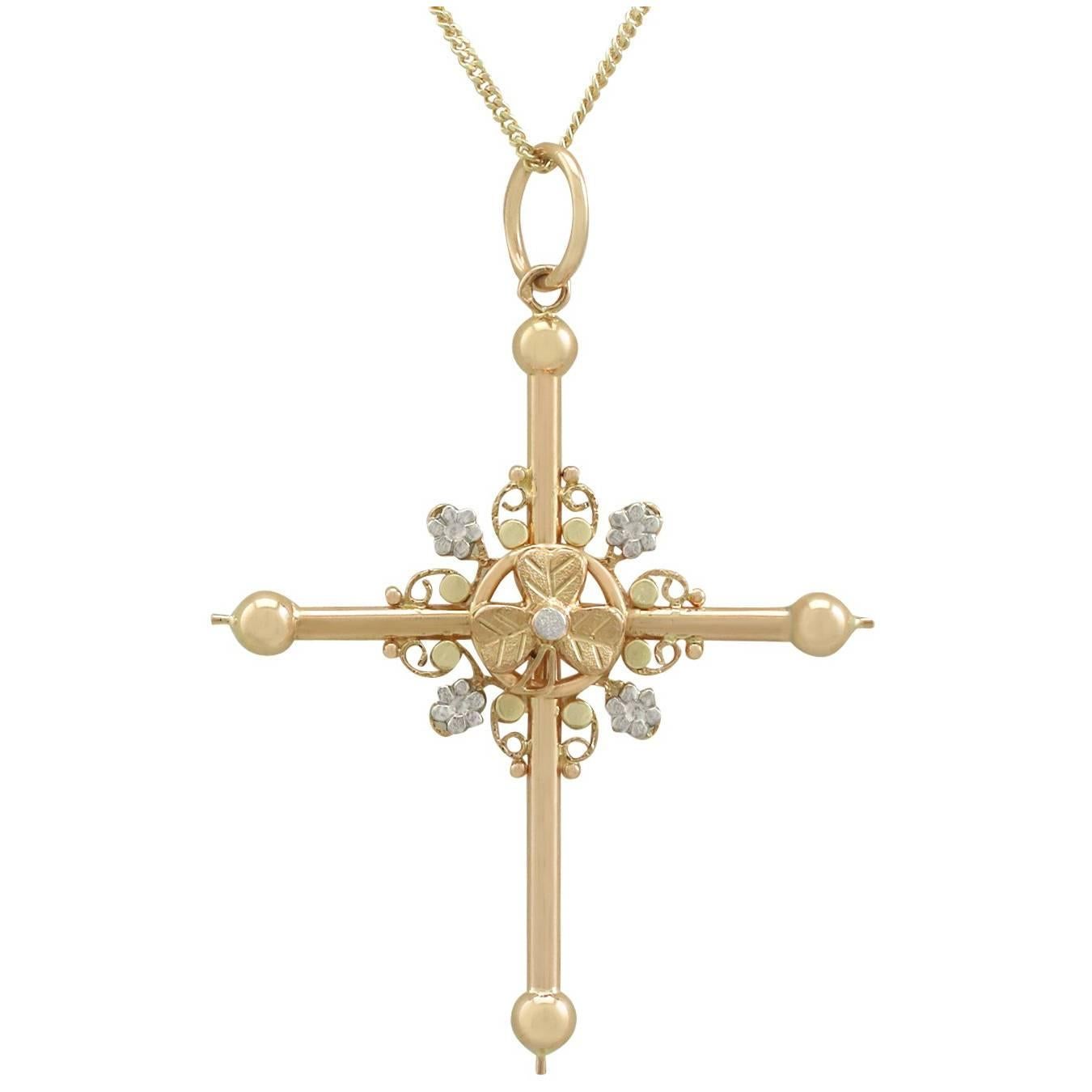 1860s Antique French 18k Rose, White and Yellow Gold Cross Pendant 