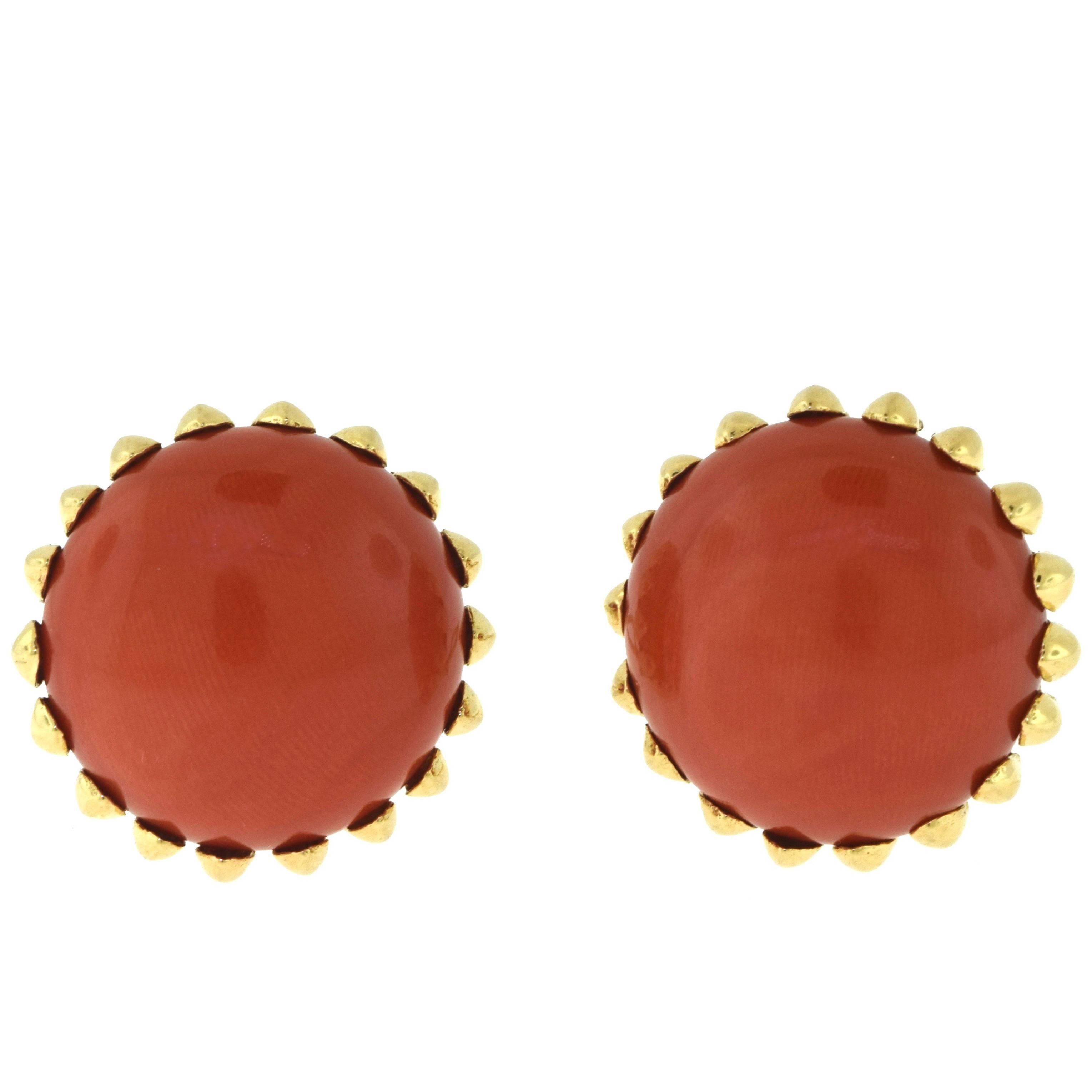 Cartier Natural Red Coral Clip On Earrings in 18 Karat Yellow Gold For Sale